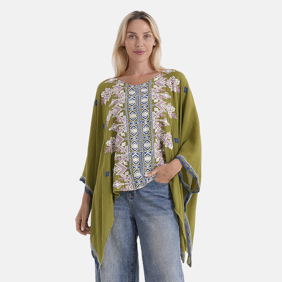 La Marey Full Embroidery Kaftan Top (One Size) - Green