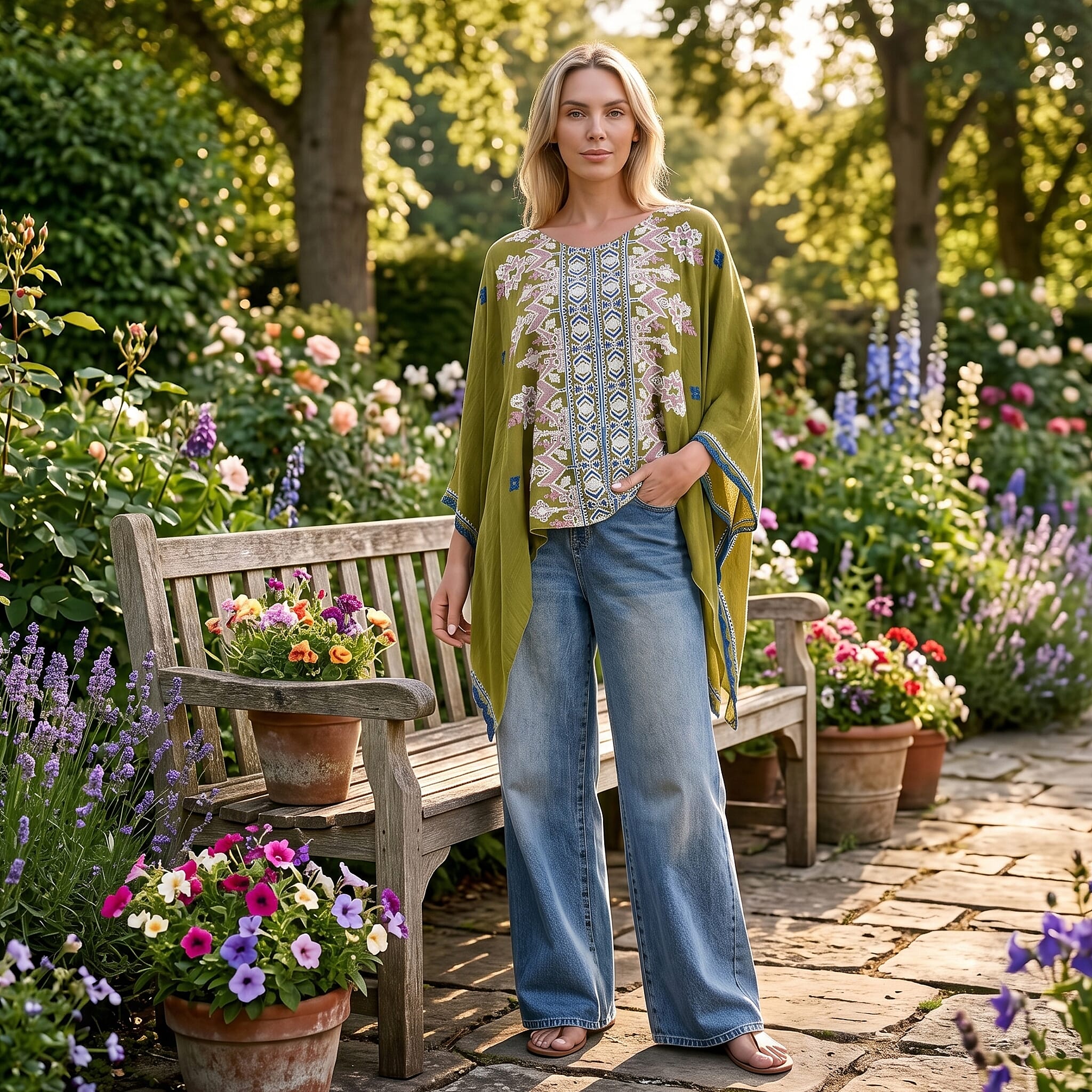 La Marey Full Embroidery Kaftan Top (One Size) - Green