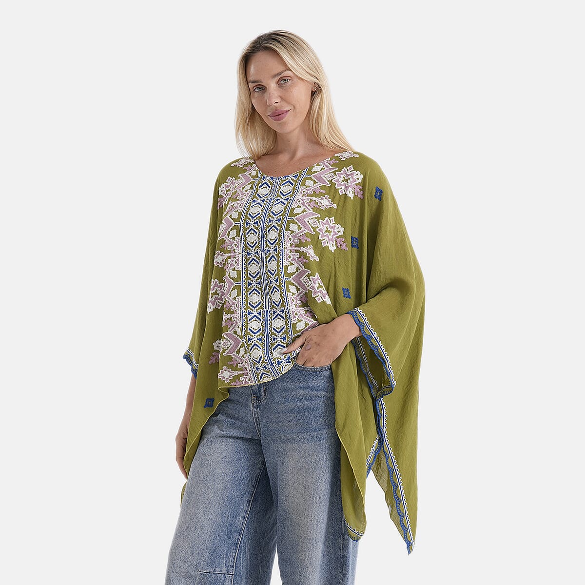 La Marey Full Embroidery Kaftan Top (One Size) - Green