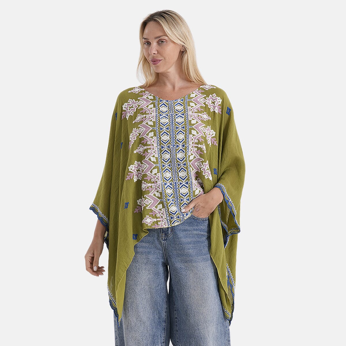 La Marey Full Embroidery Kaftan Top (One Size) - Green