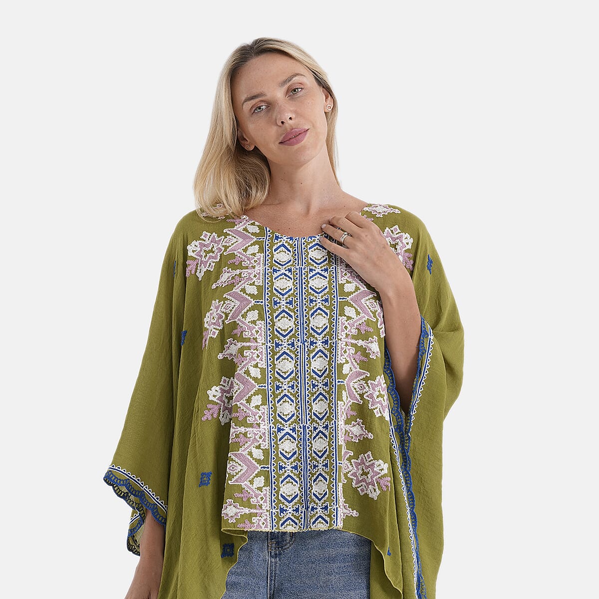 La Marey Full Embroidery Kaftan Top (One Size) - Green