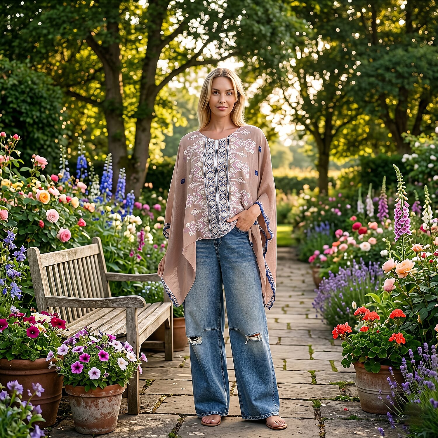 La Marey Full Embroidery Kaftan Top (One Size) - Light Brown