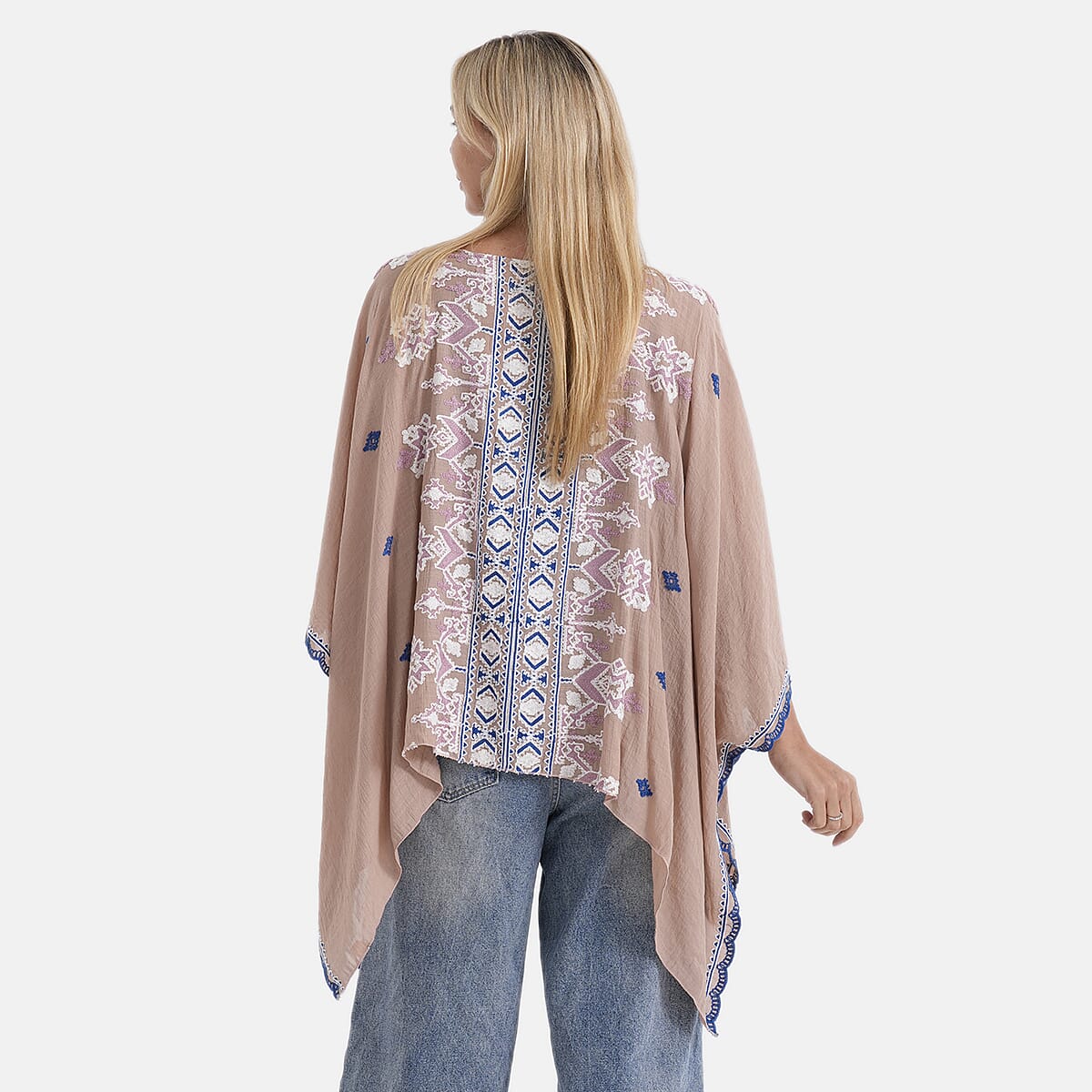 La Marey Full Embroidery Kaftan Top (One Size) - Light Brown