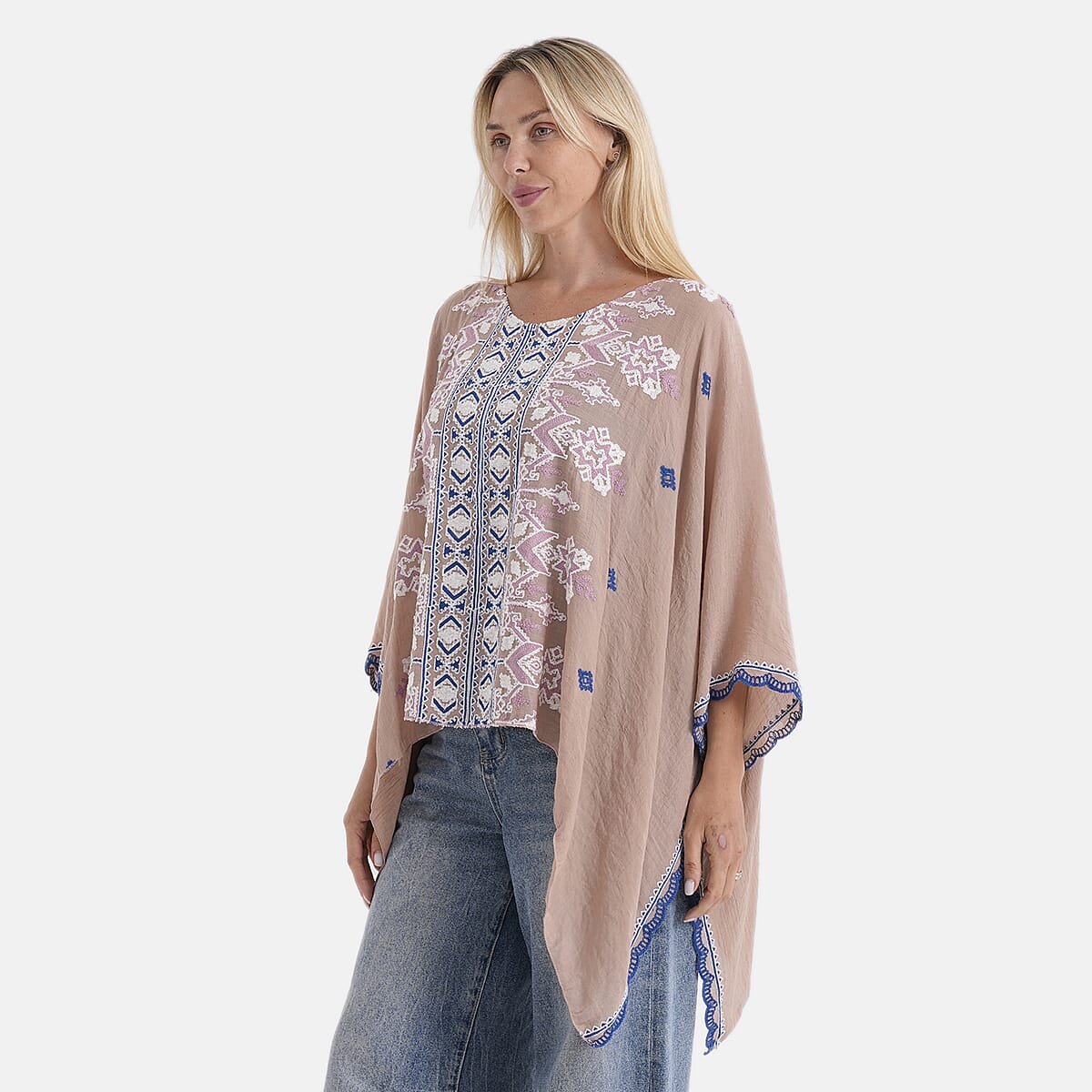 La Marey Full Embroidery Kaftan Top (One Size) - Light Brown
