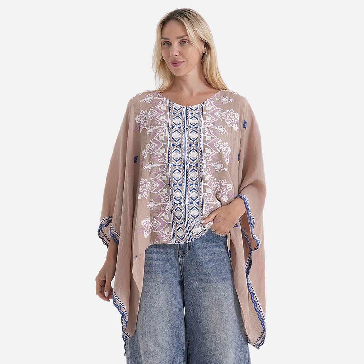 La Marey Full Embroidery Kaftan Top (One Size) - Light Brown