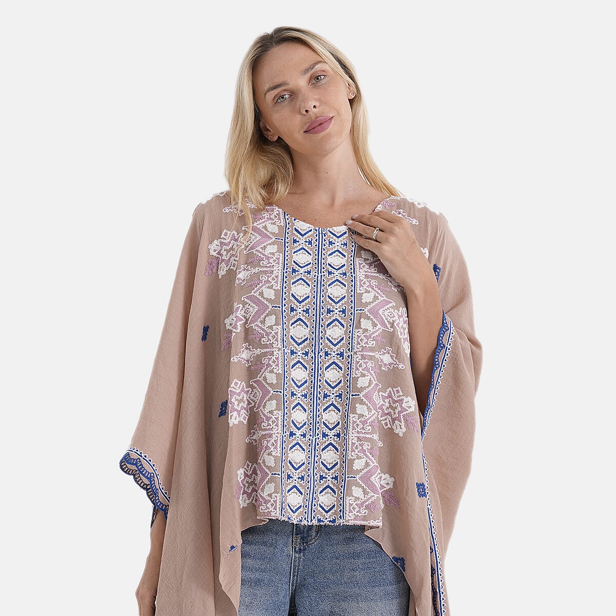 La Marey Full Embroidery Kaftan Top (One Size) - Light Brown