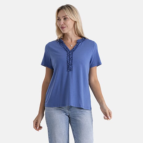 - Maisi Ruffle Frill Neck Detail Short-Sleeved Top (Size M) - Steel Blue
