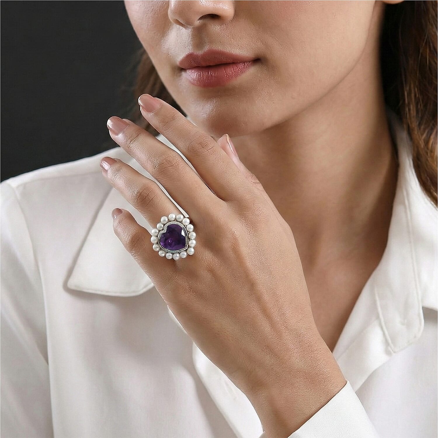 D'Joy - African Amethyst & Fresh Water Pearl Heart Ring in Rhodium Overlay Sterling Silver 12.15 Ct.