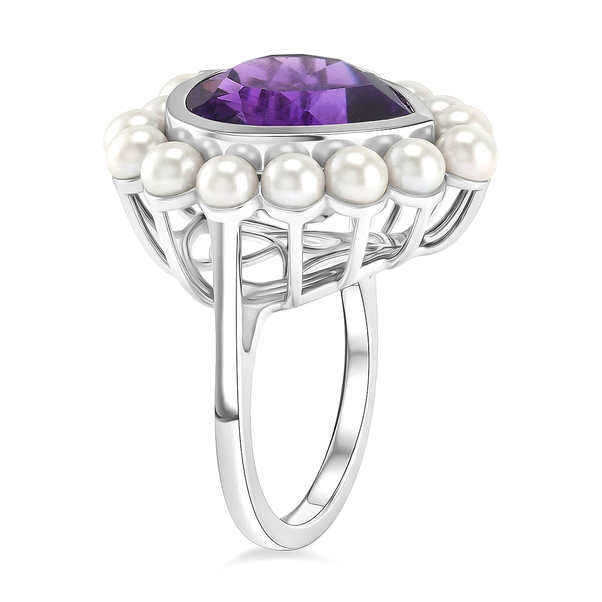D'Joy - African Amethyst & Fresh Water Pearl Heart Ring in Rhodium Overlay Sterling Silver 12.15 Ct.