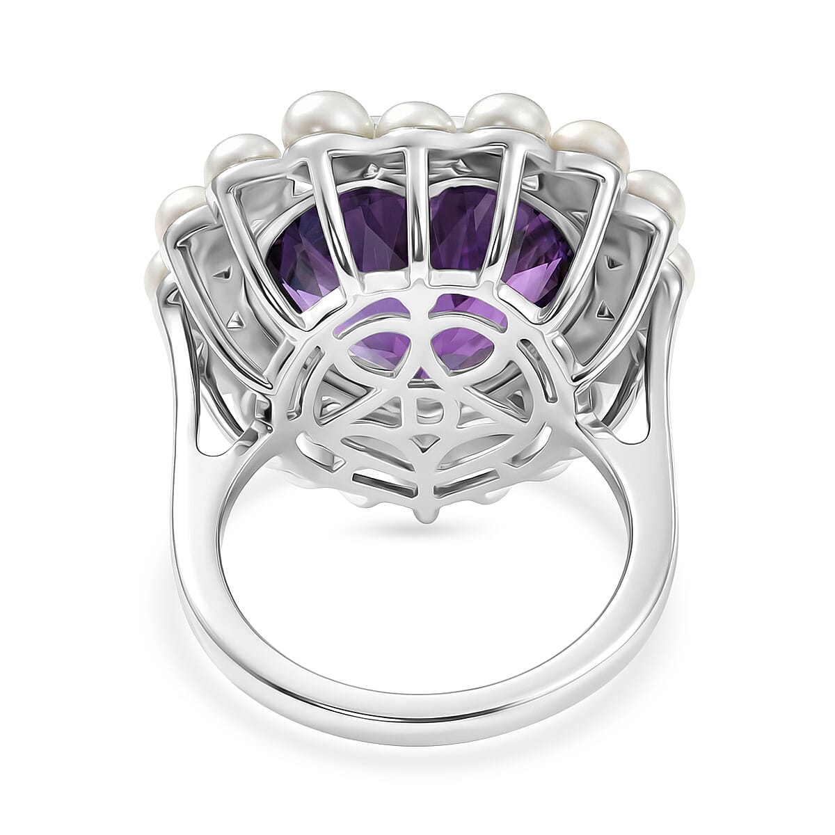 D'Joy - African Amethyst & Fresh Water Pearl Heart Ring in Rhodium Overlay Sterling Silver 12.15 Ct.