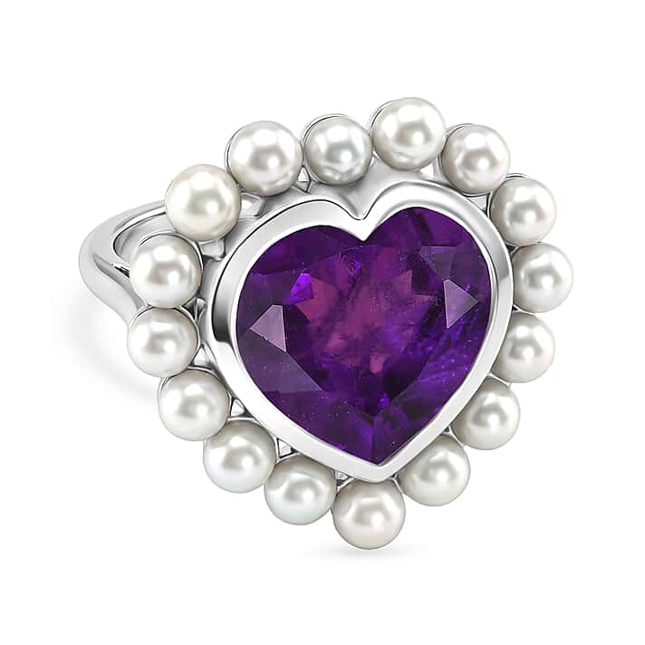 D'Joy - AAA African Amethyst & Fresh Water Pearl Heart Ring in Rhodium Overlay Sterling Silver 12.15 Ct.