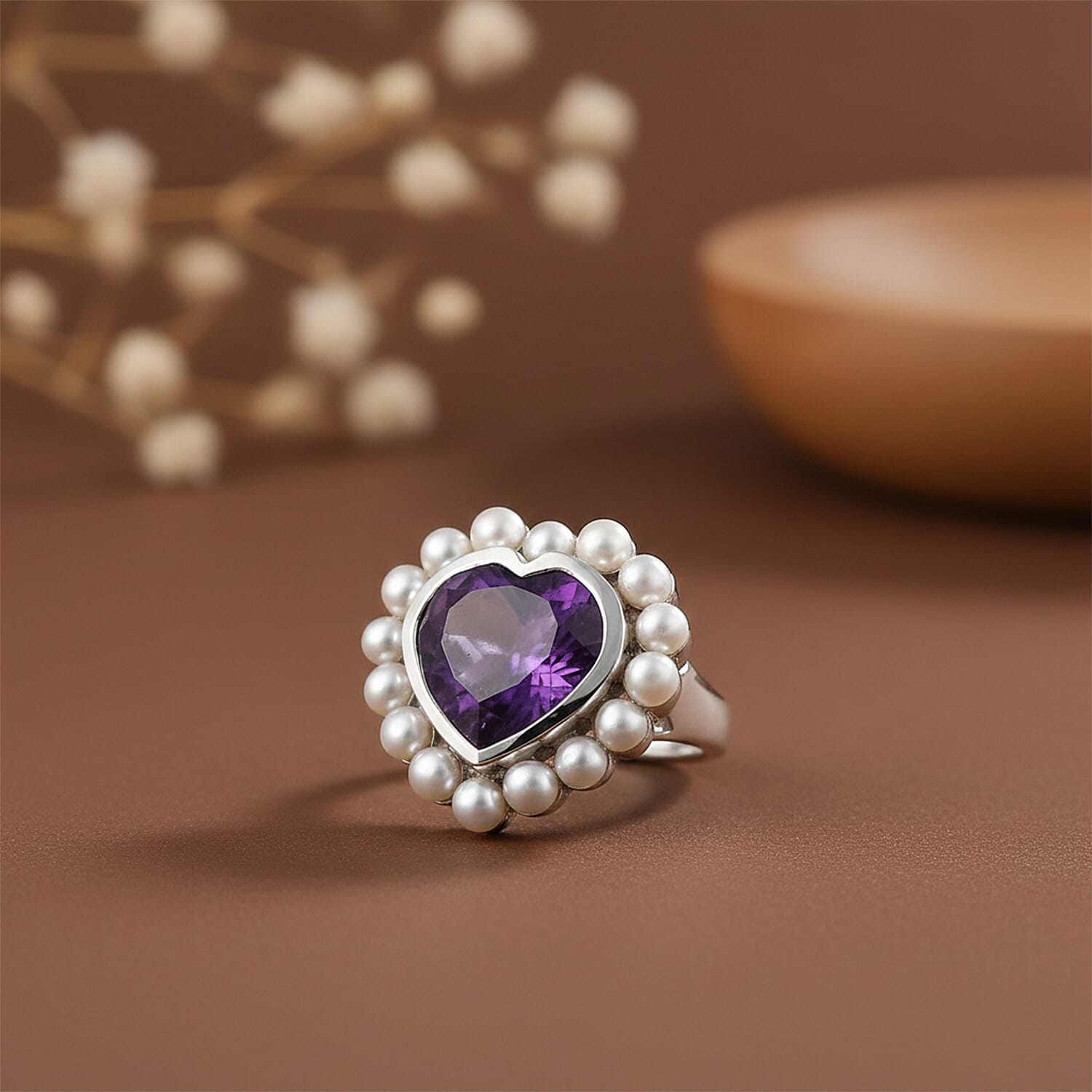 D'Joy African Amethyst, Fresh Water Pearl Fancy Ring in Rhodium OverlaySterling Silver, Silver Wt.6.5 Gms  12.638  Ct.