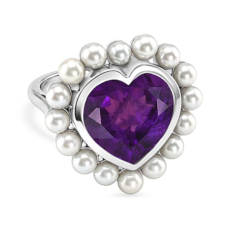 D'Joy African Amethyst, Fresh Water Pearl Fancy Ring in Rhodium OverlaySterling Silver, Silver Wt.6.5 Gms  12.638  Ct.
