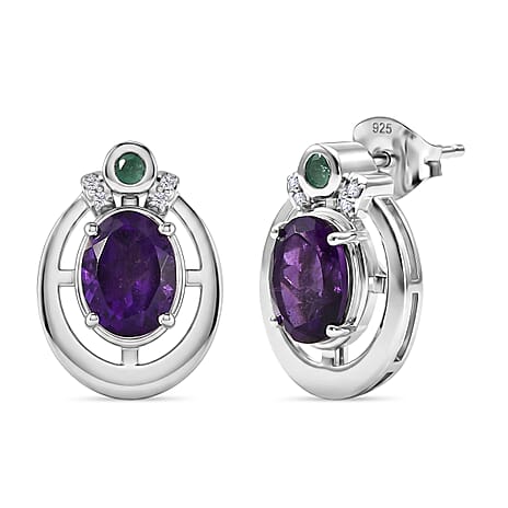 D'Joy African Amethyst, Emerald, White Zircon Fancy Earring in Platinum OverlaySterling Silver  2.478  Ct.