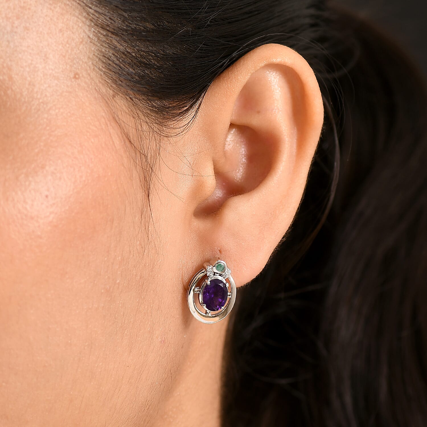 D'Joy African Amethyst, Emerald, White Zircon Fancy Earring in Platinum OverlaySterling Silver  2.478  Ct.