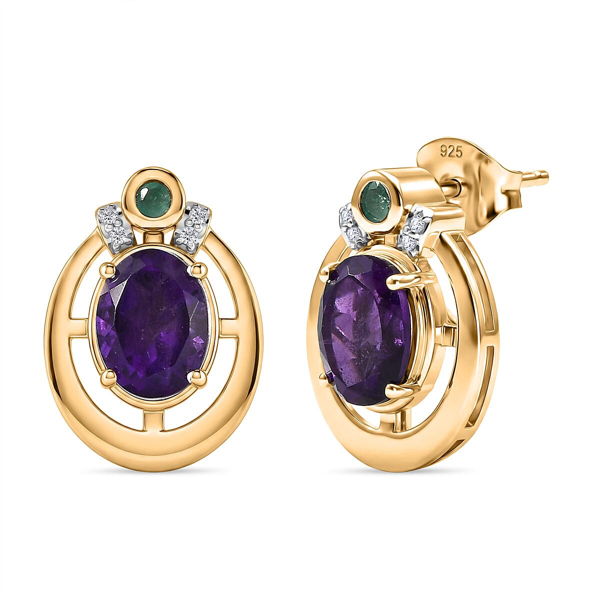 D'Joy African Amethyst, Emerald, White Zircon Fancy Earring Sterling Silver  2.478  Ct.