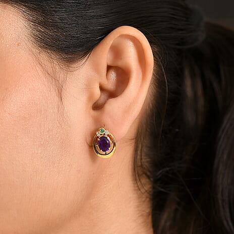 D'Joy - African Amethyst, Emerald & White Zircon Earring with Push Back in Yellow Gold Plated Sterling Silver 2.48 Ct.