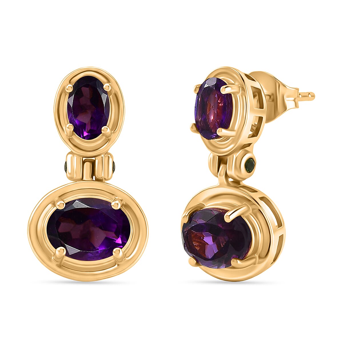 D'Joy AAA African Amethyst & Natural Chrome Diopside Dangling Push Post Earring in Yellow Gold Plated Sterling Silver 3.31 Ct.