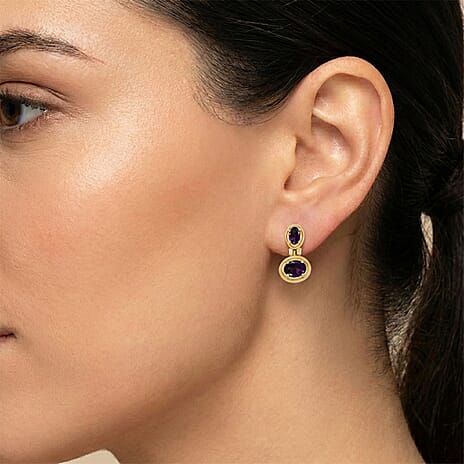 D'Joy AAA African Amethyst & Natural Chrome Diopside Dangling Push Post Earring in Yellow Gold Plated Sterling Silver 3.31 Ct.