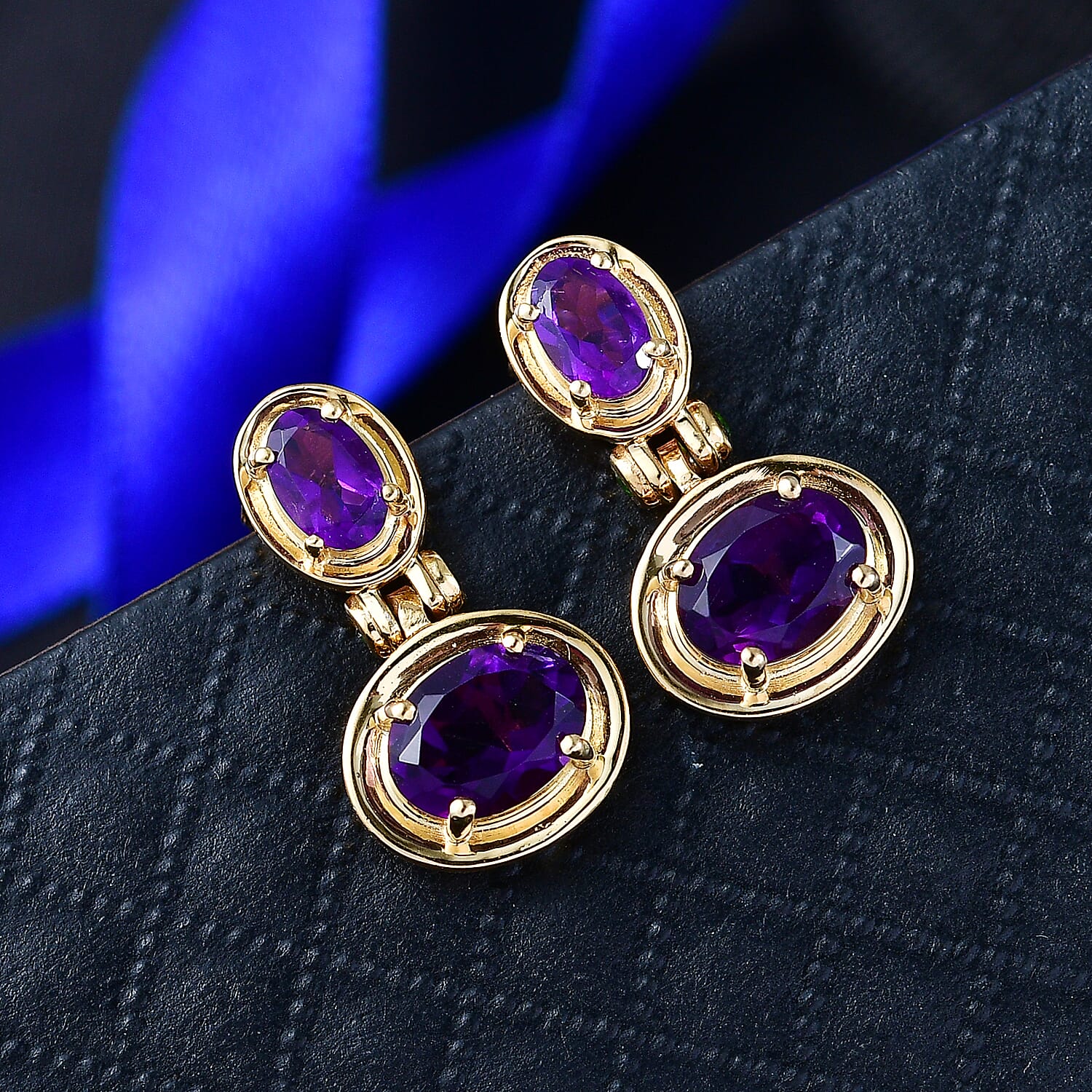 D'Joy AAA African Amethyst & Natural Chrome Diopside Dangling Push Post Earring in Yellow Gold Plated Sterling Silver 3.31 Ct.