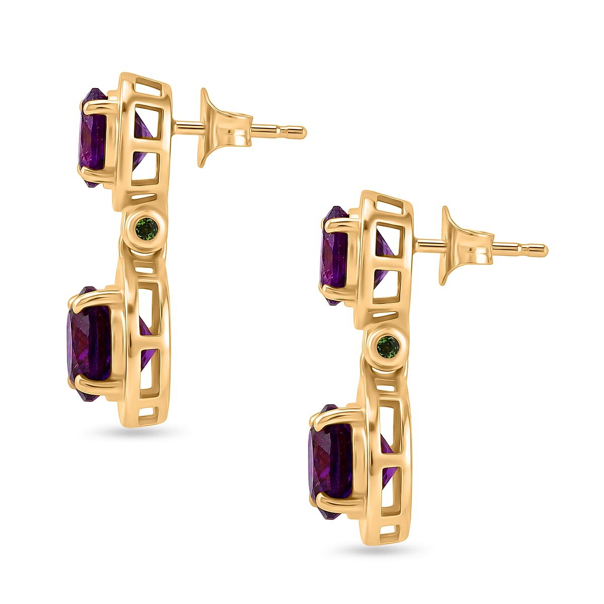 D'Joy AAA African Amethyst & Natural Chrome Diopside Dangling Push Post Earring in Yellow Gold Plated Sterling Silver 3.31 Ct.
