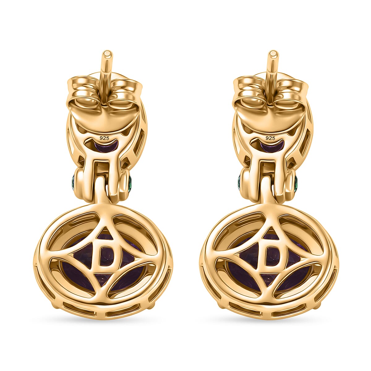 D'Joy AAA African Amethyst & Natural Chrome Diopside Dangling Push Post Earring in Yellow Gold Plated Sterling Silver 3.31 Ct.
