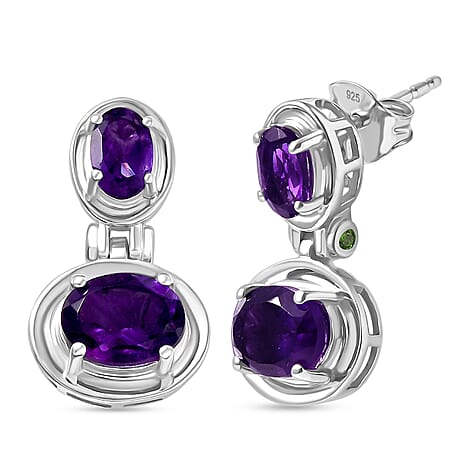 D'Joy AAA African Amethyst & Natural Chrome Diopside Dangling Push Post Earring in Platinum Overlay Sterling Silver 3.31 Ct.