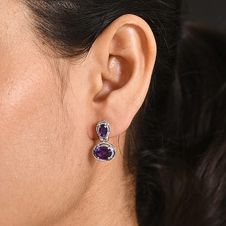 D'Joy AAA African Amethyst & Natural Chrome Diopside Dangling Push Post Earring in Platinum Overlay Sterling Silver 3.31 Ct