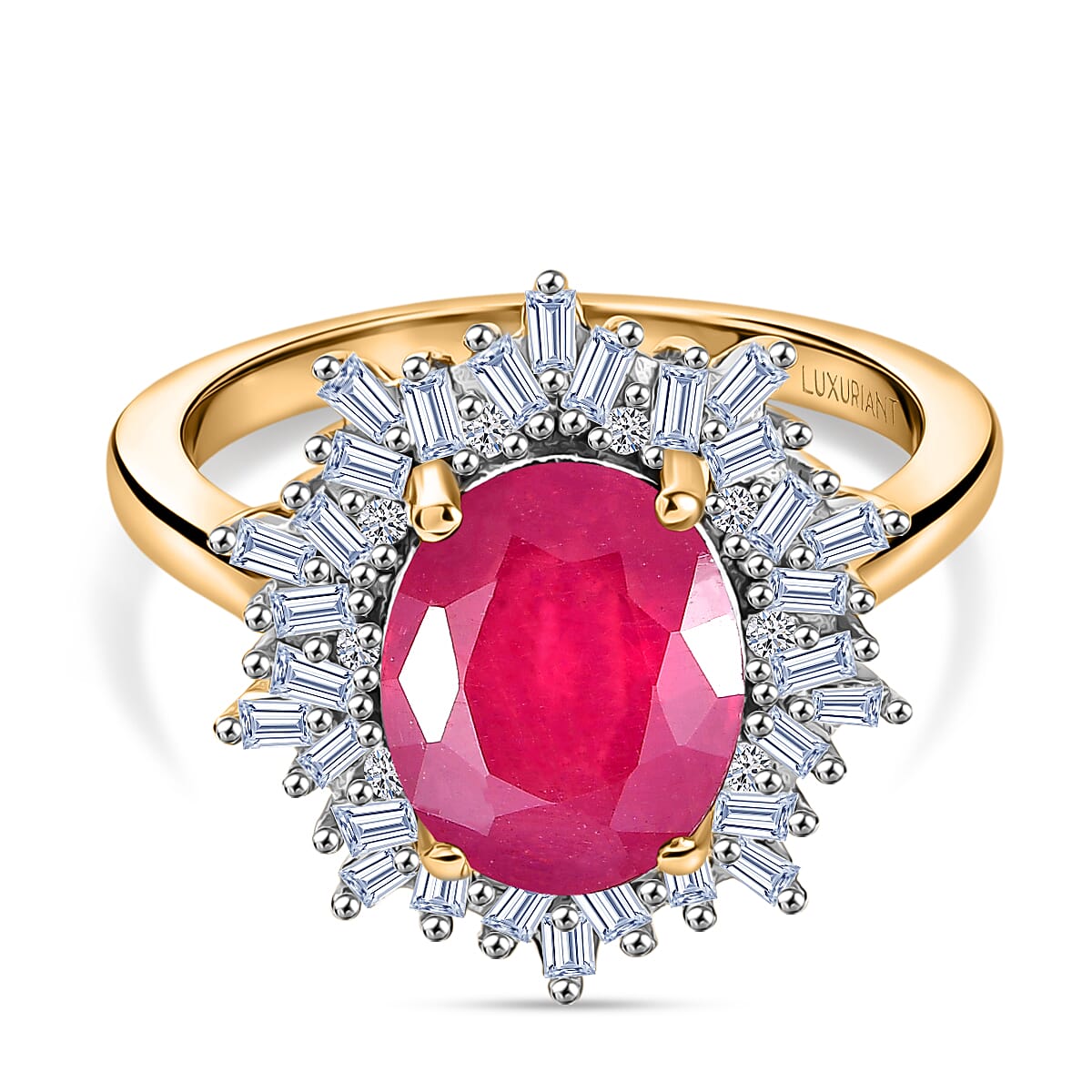 LUXURIANT African Ruby (4.15 Ct.) & SI-GH Lab Grown Diamond (0.39 Ct.) Ring in 18K Vermeil Yellow Gold Plated Sterling Silver 4.15 Ct.