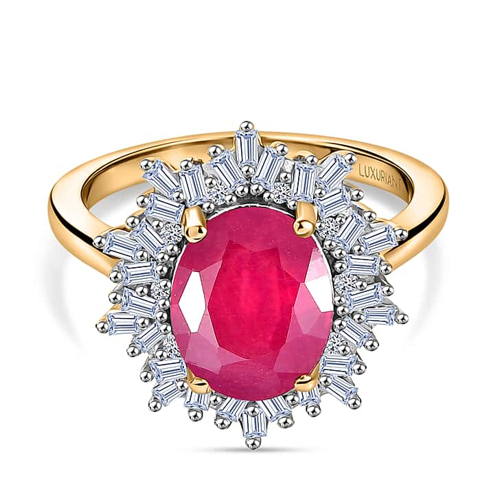LUXURIANT African Ruby (4.15 Ct.) & SI-GH Lab Grown Diamond (0.39 Ct.) Ring in 18K Vermeil Yellow Gold Plated Sterling Silver 4.15 Ct.