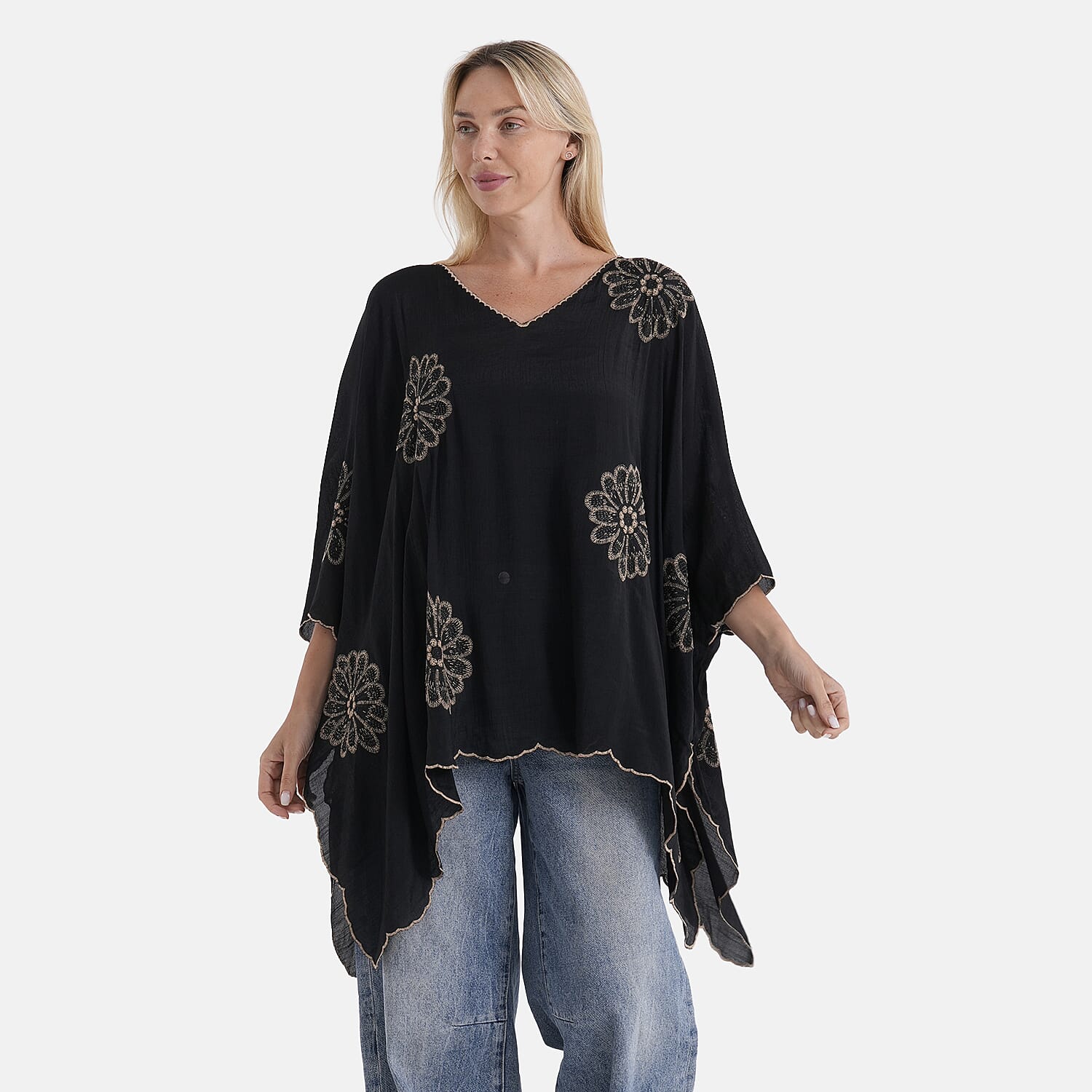 La Marey Sequins Embroidery Poncho Top (One Size) - Black