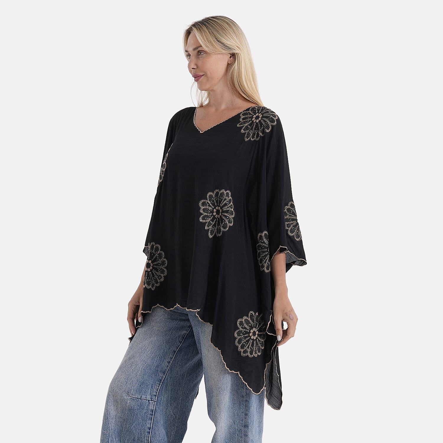 La Marey Sequins Embroidery Poncho Top (One Size) - Black