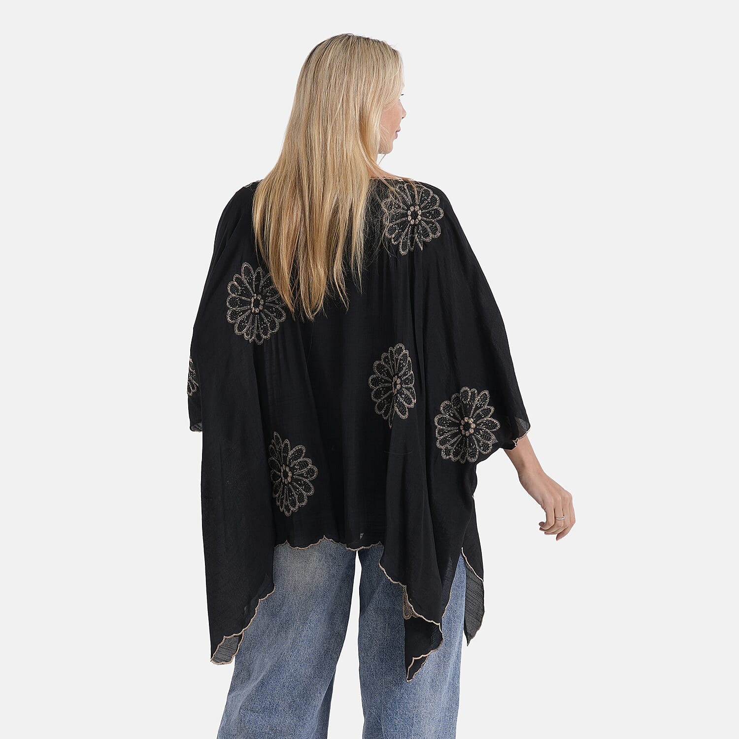 La Marey Sequins Embroidery Poncho Top (One Size) - Black