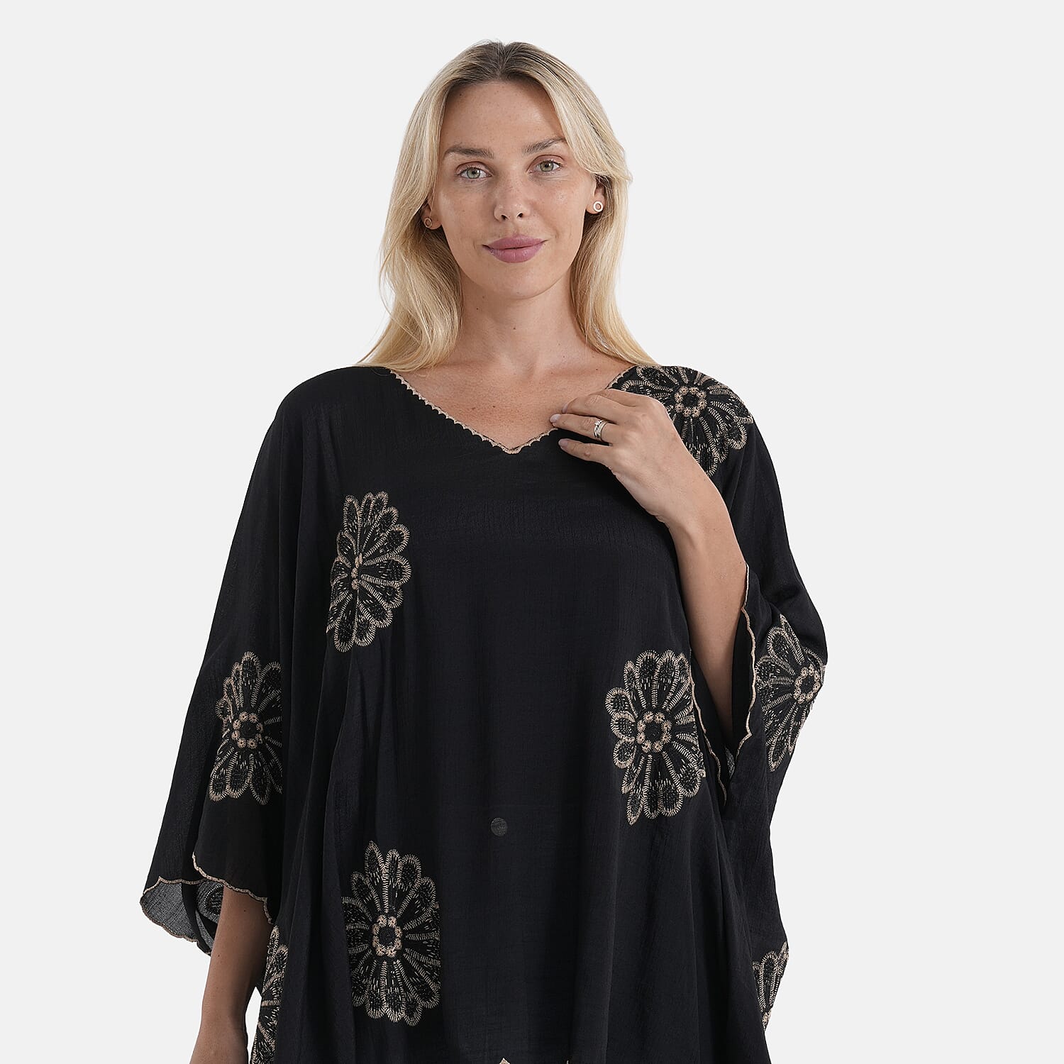 La Marey Sequins Embroidery Poncho Top (One Size) - Black