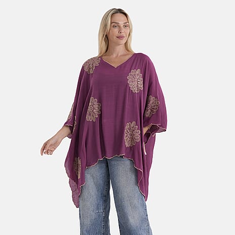 La Marey Sequins Embroidery Poncho Top (One Size) - Purple