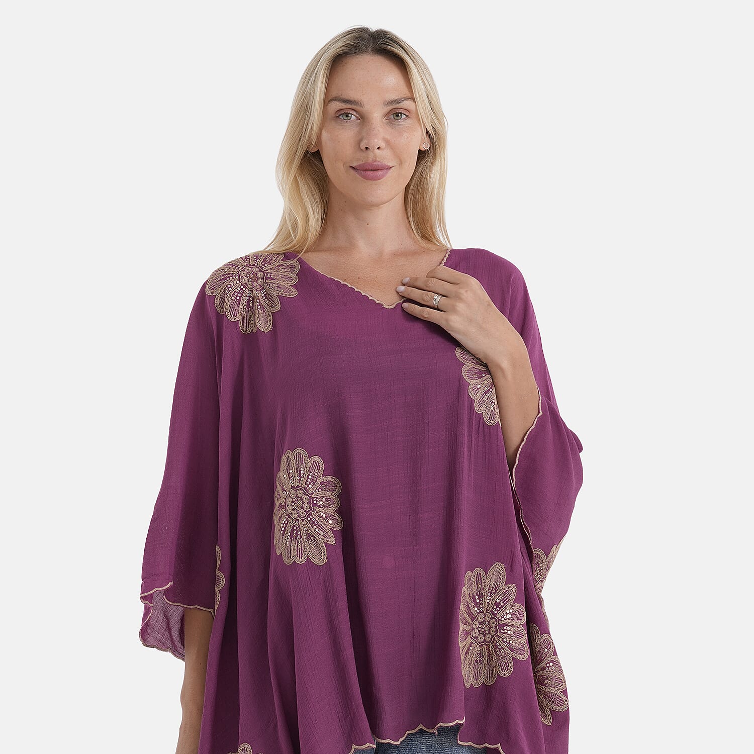 La Marey Sequins Embroidery Poncho Top (One Size) - Purple