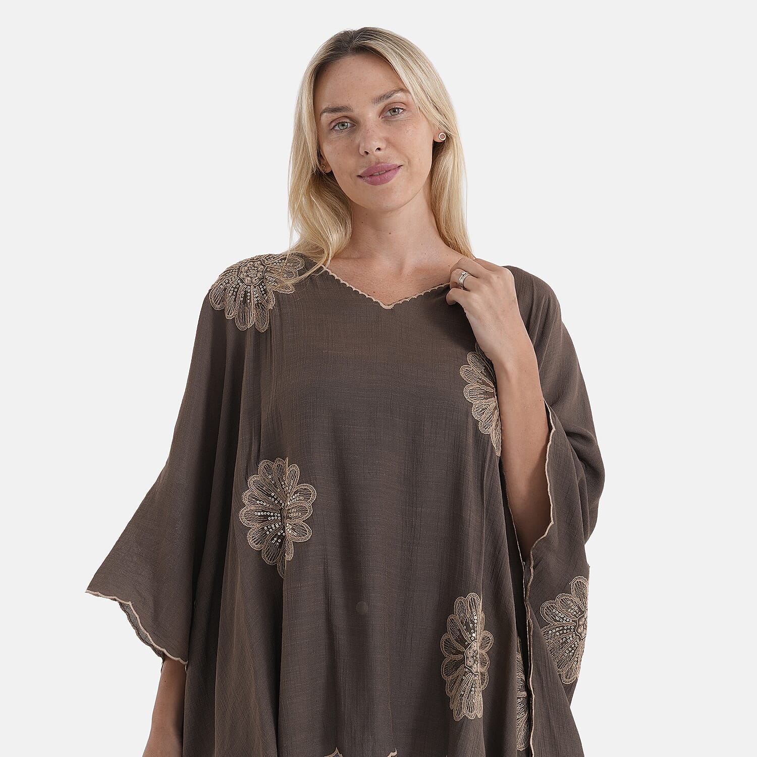 La Marey Sequins Embroidery Poncho Top (One Size) - Brown