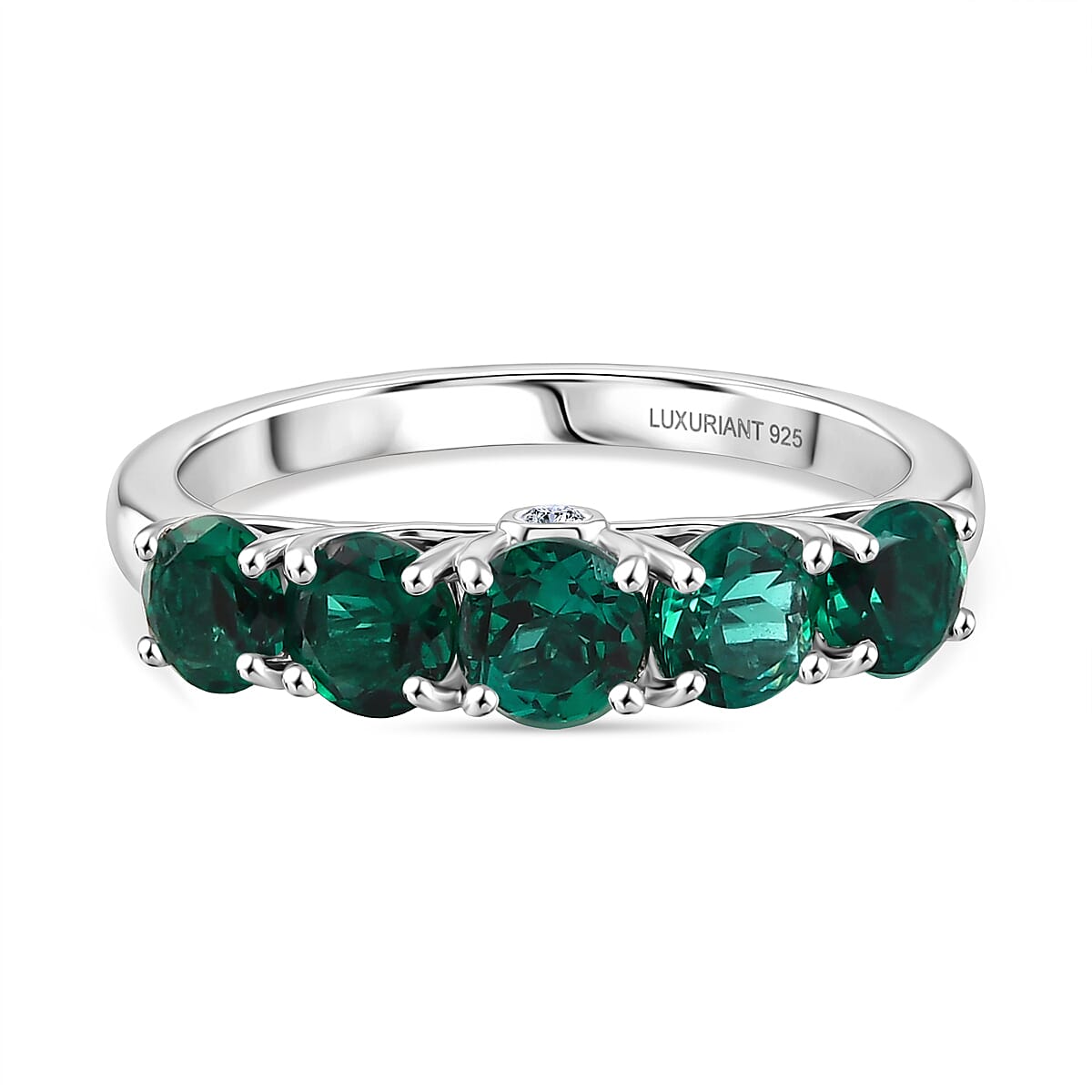 Luxuriant Lab Grown Emerald & SI-G-H Lab Grown Diamond 5 Stone Ring in Rhodium Overlay Sterling Silver 1.29 Ct.