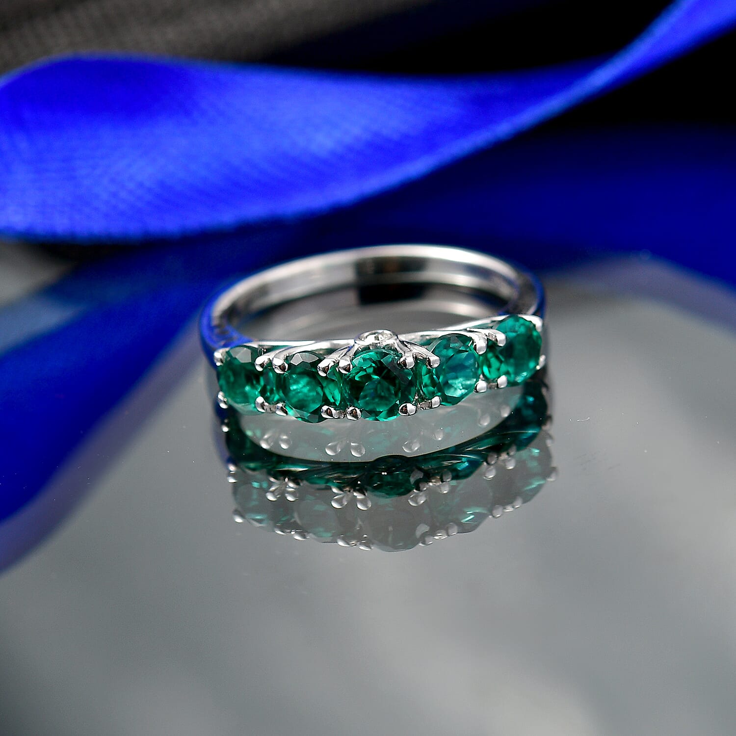 Luxuriant Lab Grown Emerald & SI-G-H Lab Grown Diamond 5 Stone Ring in Rhodium Overlay Sterling Silver 1.29 Ct.