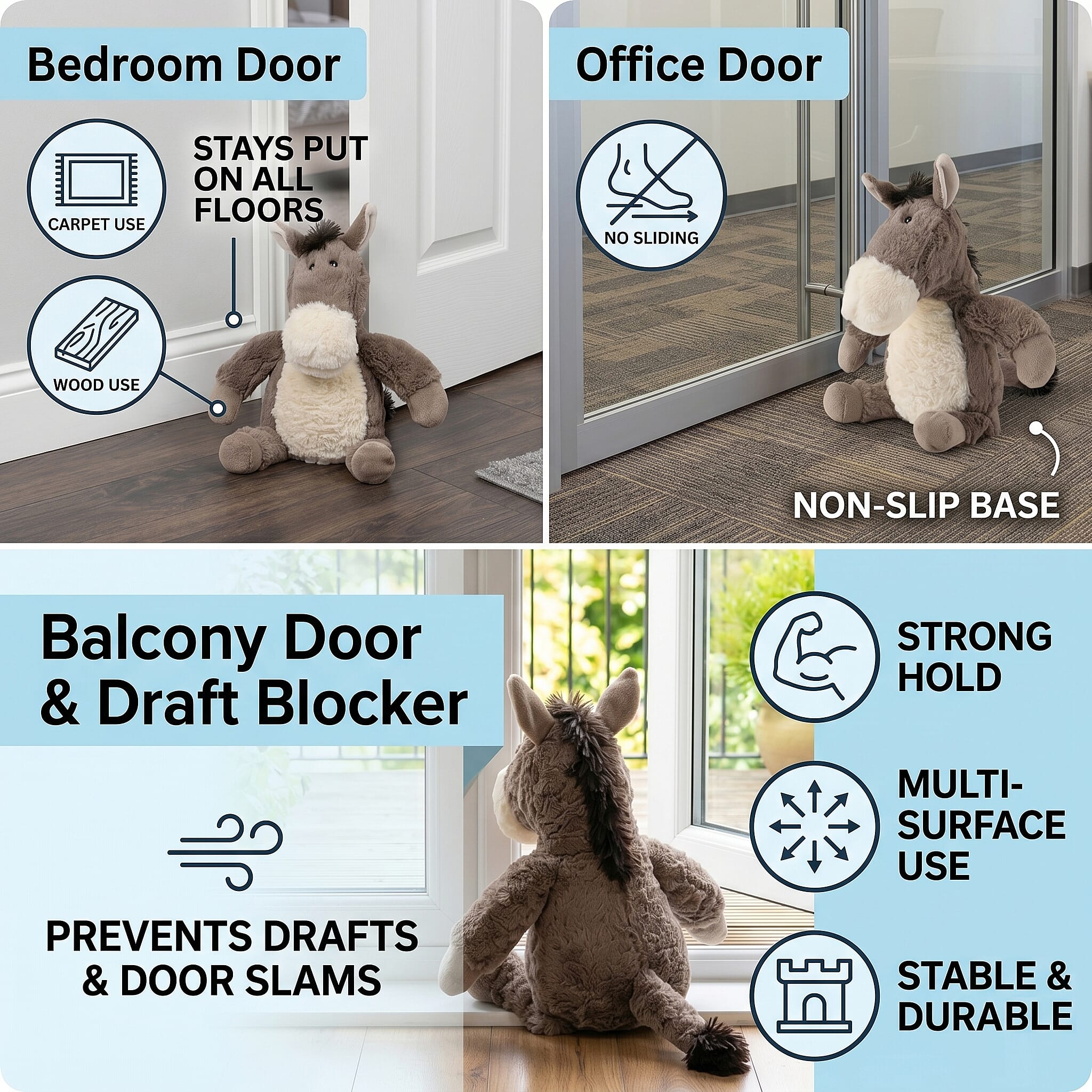 LIVMORE Decorative Plush Horse Door Stopper - Anti-Slam & Lockout Protection & Pinch-Free Safety (25x18x17 cm) - Brown