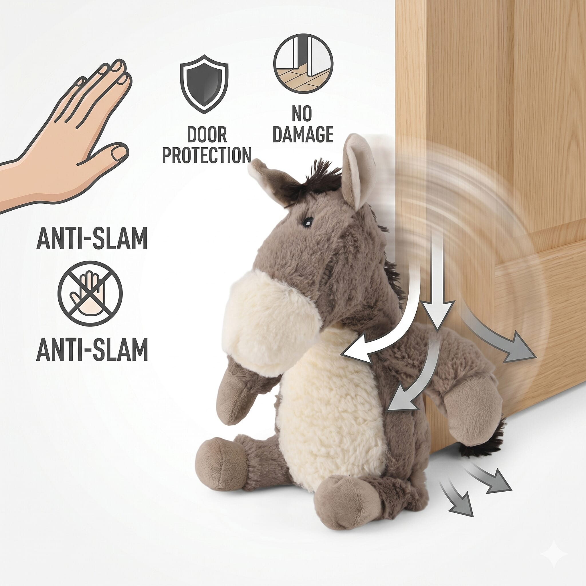 LIVMORE Decorative Plush Horse Door Stopper - Anti-Slam & Lockout Protection & Pinch-Free Safety (25x18x17 cm) - Brown