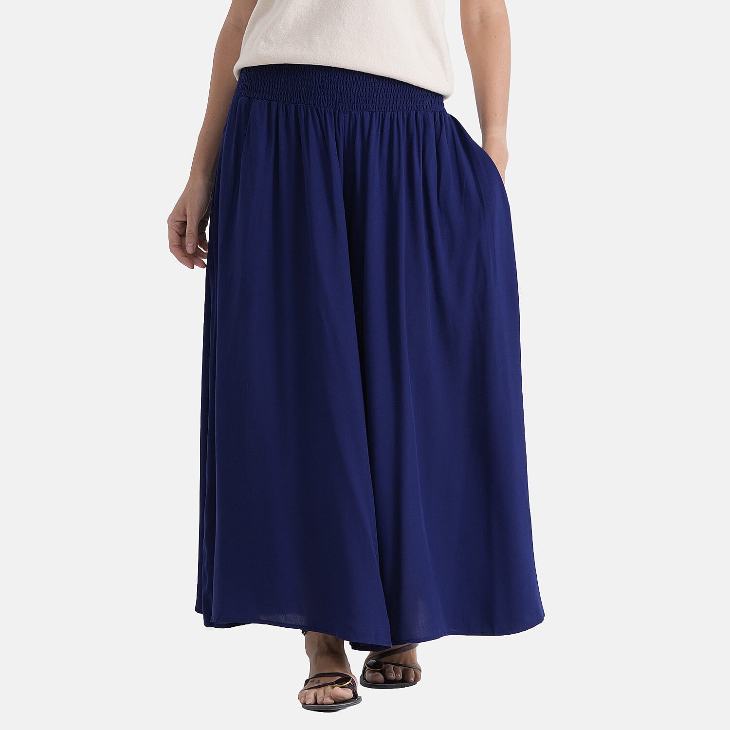 - Maisi  100% Viscose Smocked Waist Wide-Leg Flared Trousers (One Size 8-18) - Blue