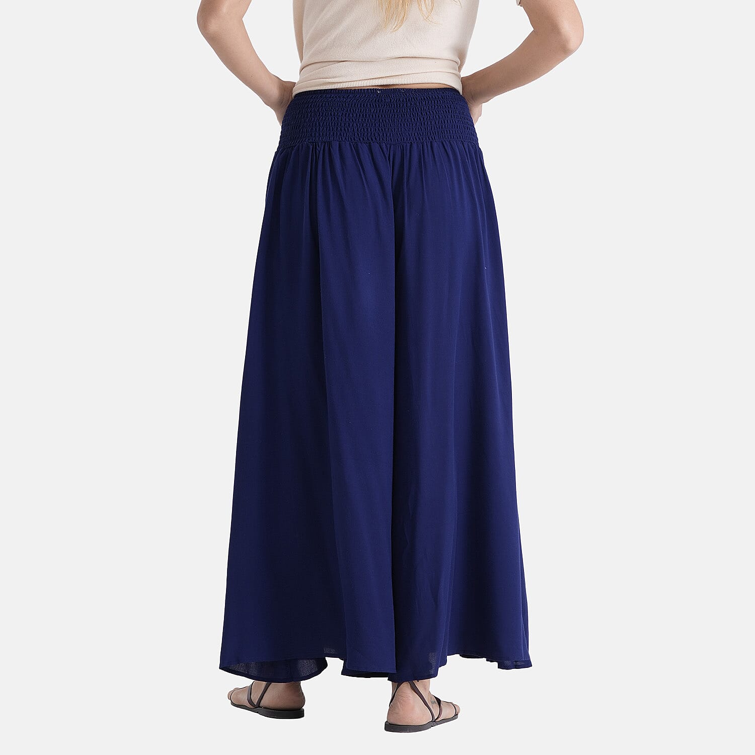 - Maisi  100% Viscose Smocked Waist Wide-Leg Flared Trousers (One Size 8-18) - Blue