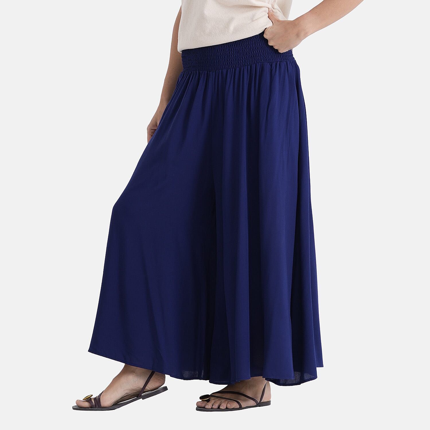 - Maisi  100% Viscose Smocked Waist Wide-Leg Flared Trousers (One Size 8-18) - Blue