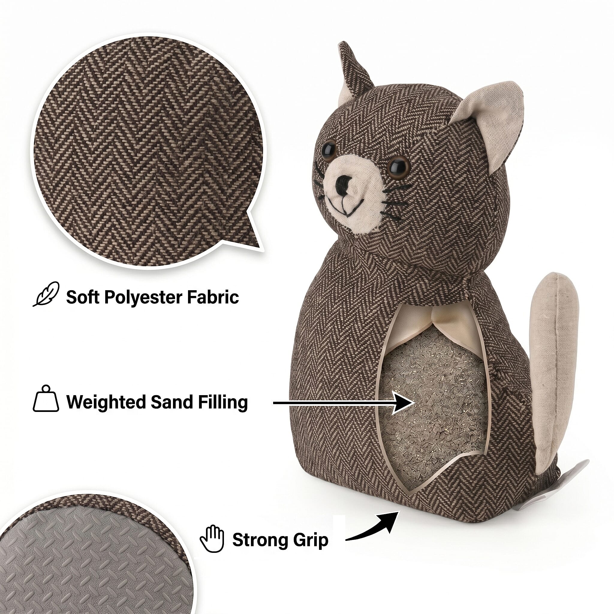LIVMORE Decorative Plush Cat Door Stopper -  (15x10x 18 cm) - Grey