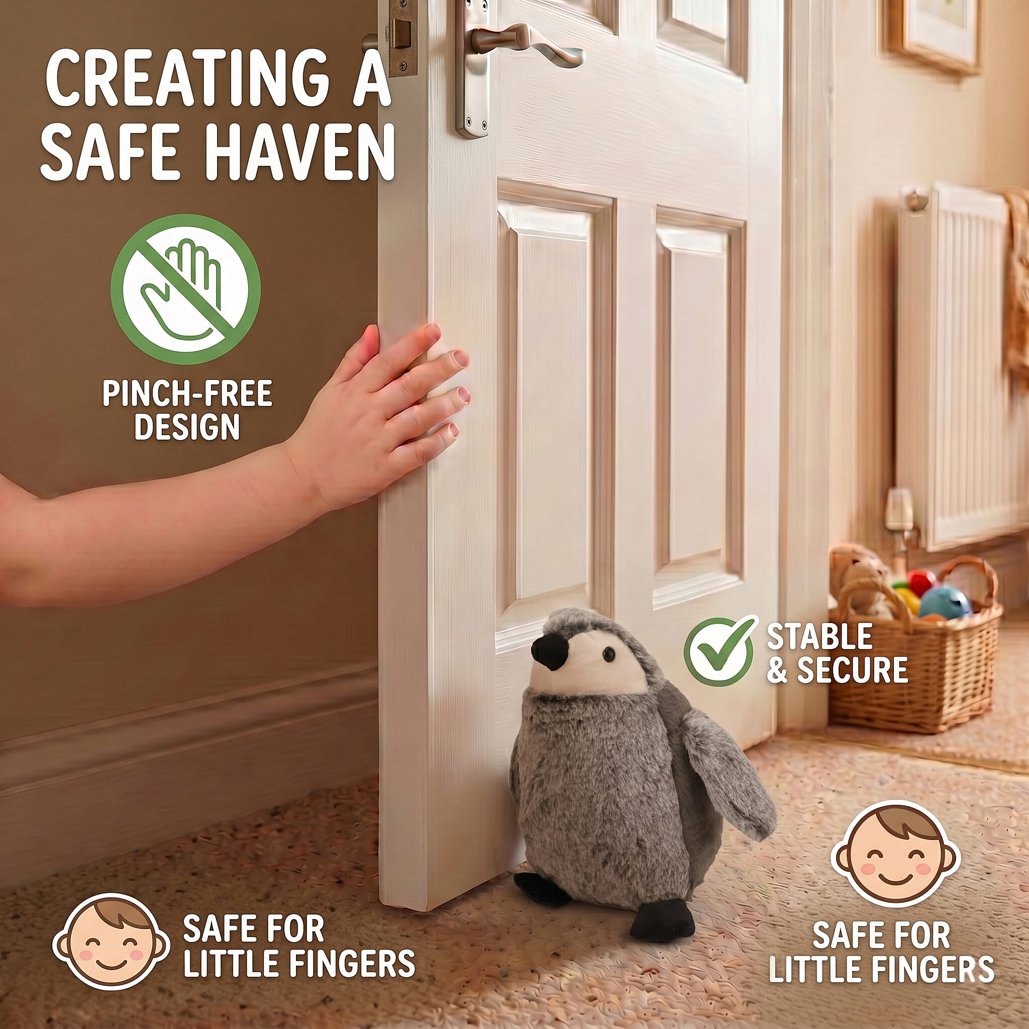 LIVMORE Decorative Plush Cat Door Stopper - Anti-Slam & Lockout Protection & Pinch-Free Safety (16x20x15 cm) - Grey