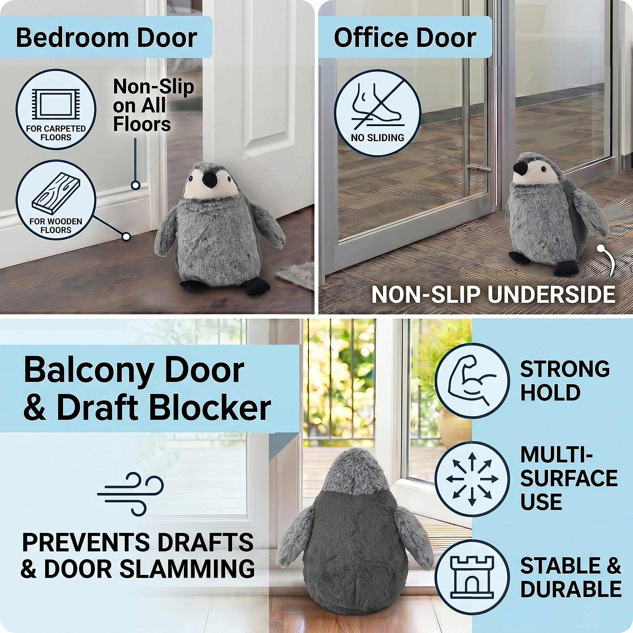 LIVMORE Decorative Plush Cat Door Stopper - Anti-Slam & Lockout Protection & Pinch-Free Safety (16x20x15 cm) - Grey