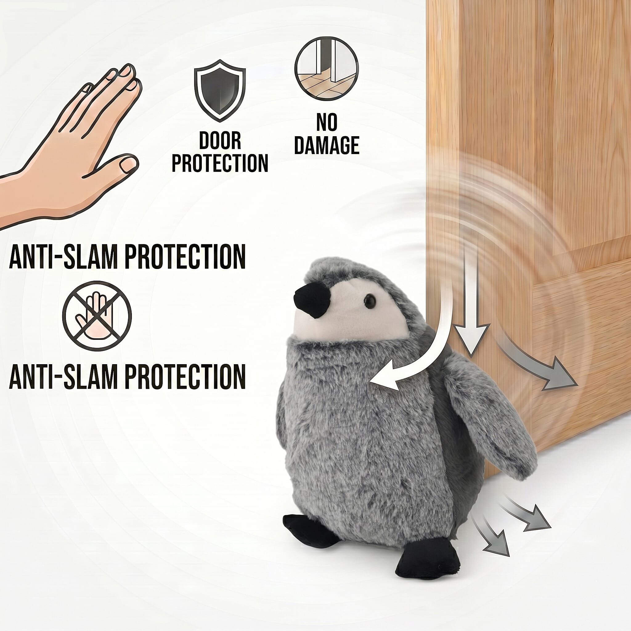 LIVMORE Decorative Plush Cat Door Stopper - Anti-Slam & Lockout Protection & Pinch-Free Safety (16x20x15 cm) - Grey