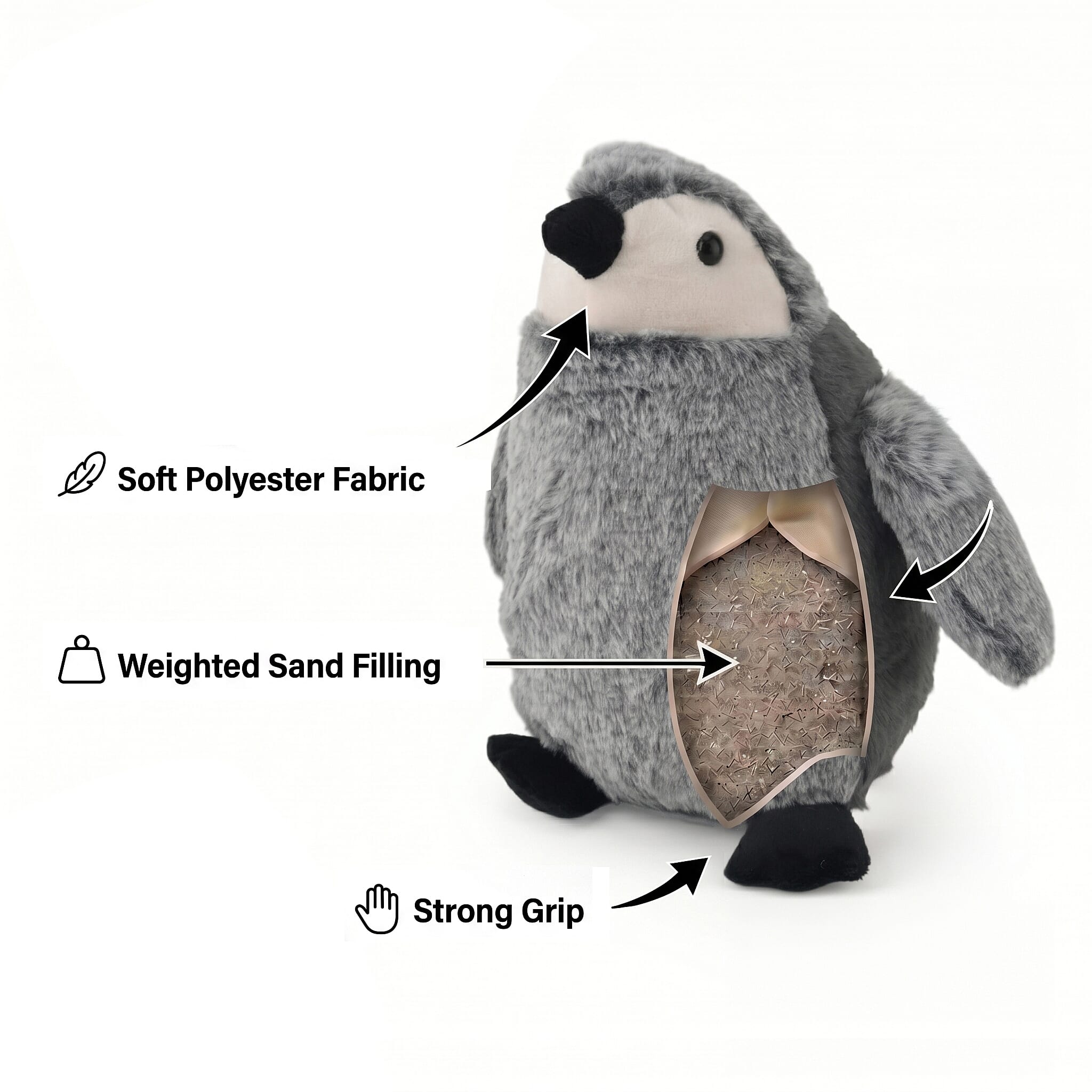 LIVMORE Decorative Plush Cat Door Stopper - Anti-Slam & Lockout Protection & Pinch-Free Safety (16x20x15 cm) - Grey