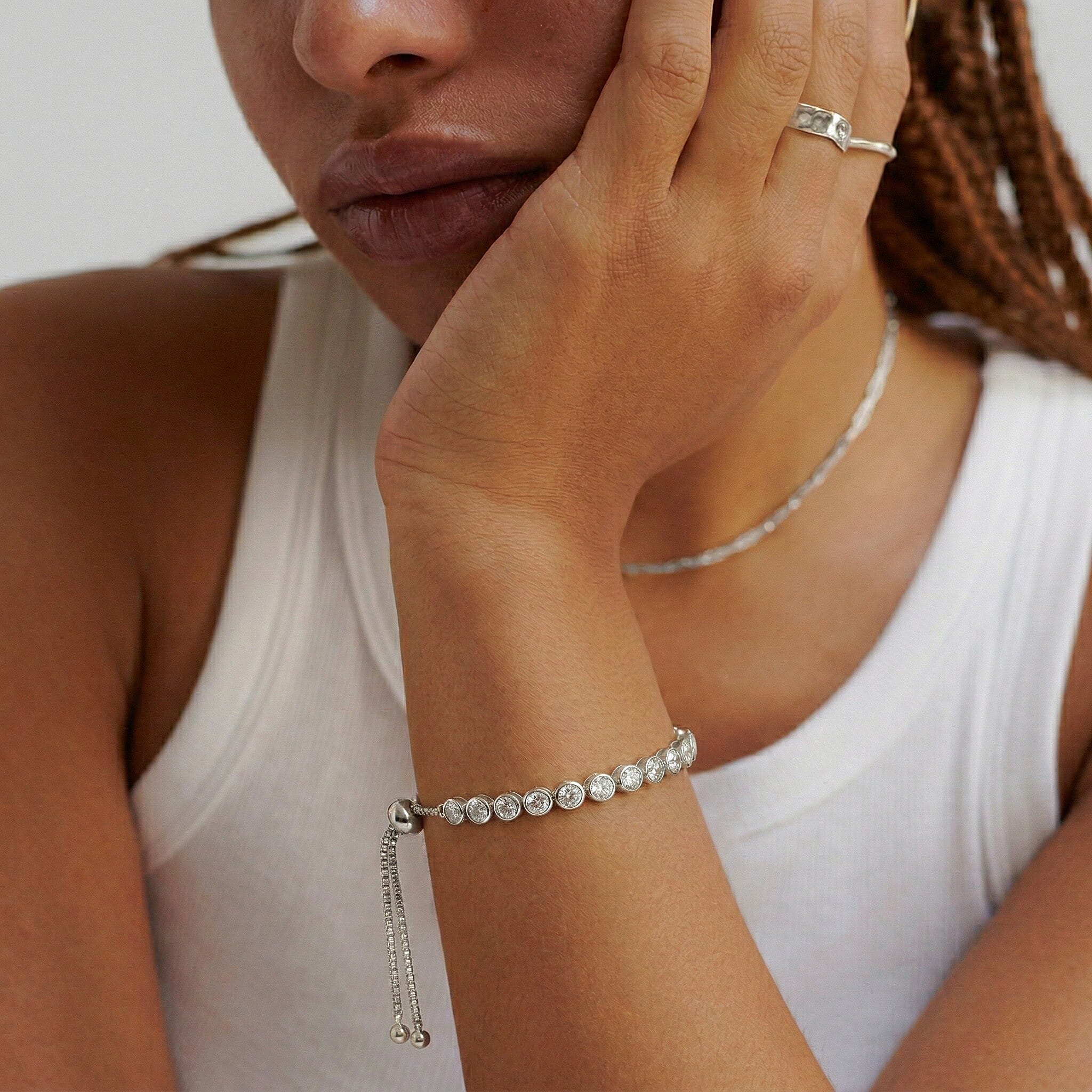 Natural White Diamond Tennis Adjustable Bracelet (Upto Size - 10.5)
